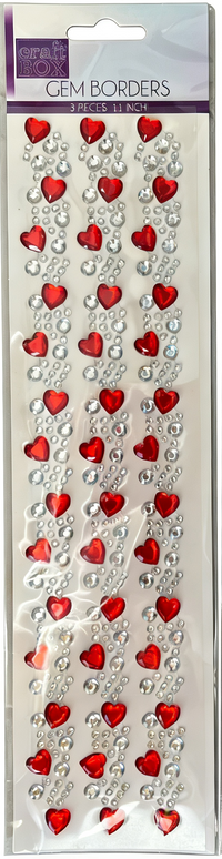 CRAFT BOX-3 PCS ADHESIVE GEM STONE STRIPS- RED HEARTS - 24 PCS