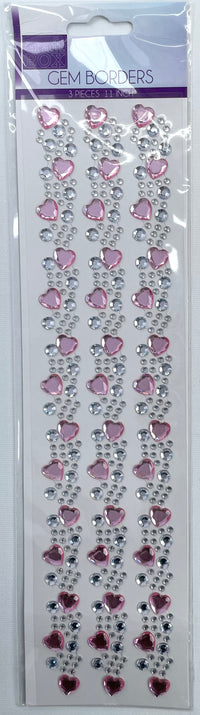 CRAFT BOX-3 PCS ADHESIVE GEM STONE STRIPS- PINK  HEARTS - 24 PCS