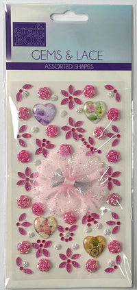 FLOWERS & HEARTS GEMS WITH LACE BOW - $0.75