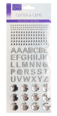 185 PIECES GEM STONE AND GLITTER LETTERS- SILVER- $0.75-INNER PACKING 24 PCS