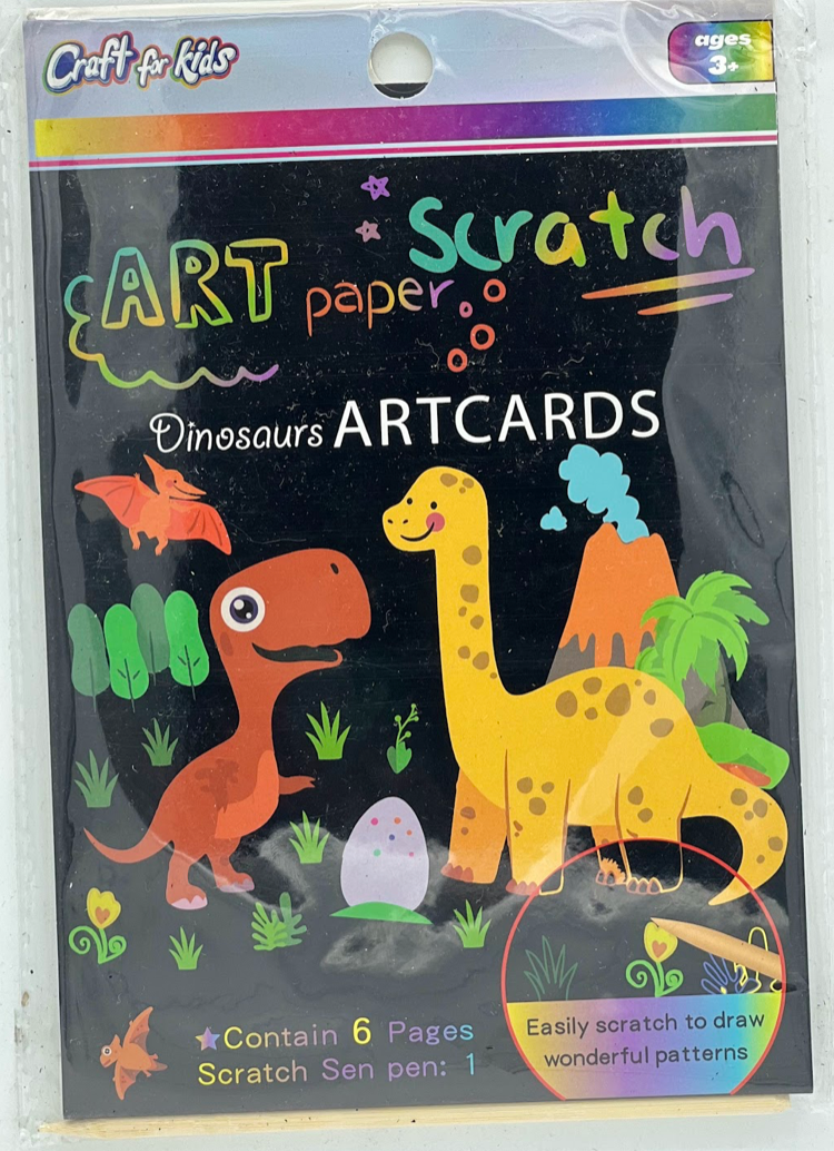 SCRATCH ART & COLORING KIT - 6 PAGES - DINOSAURS
